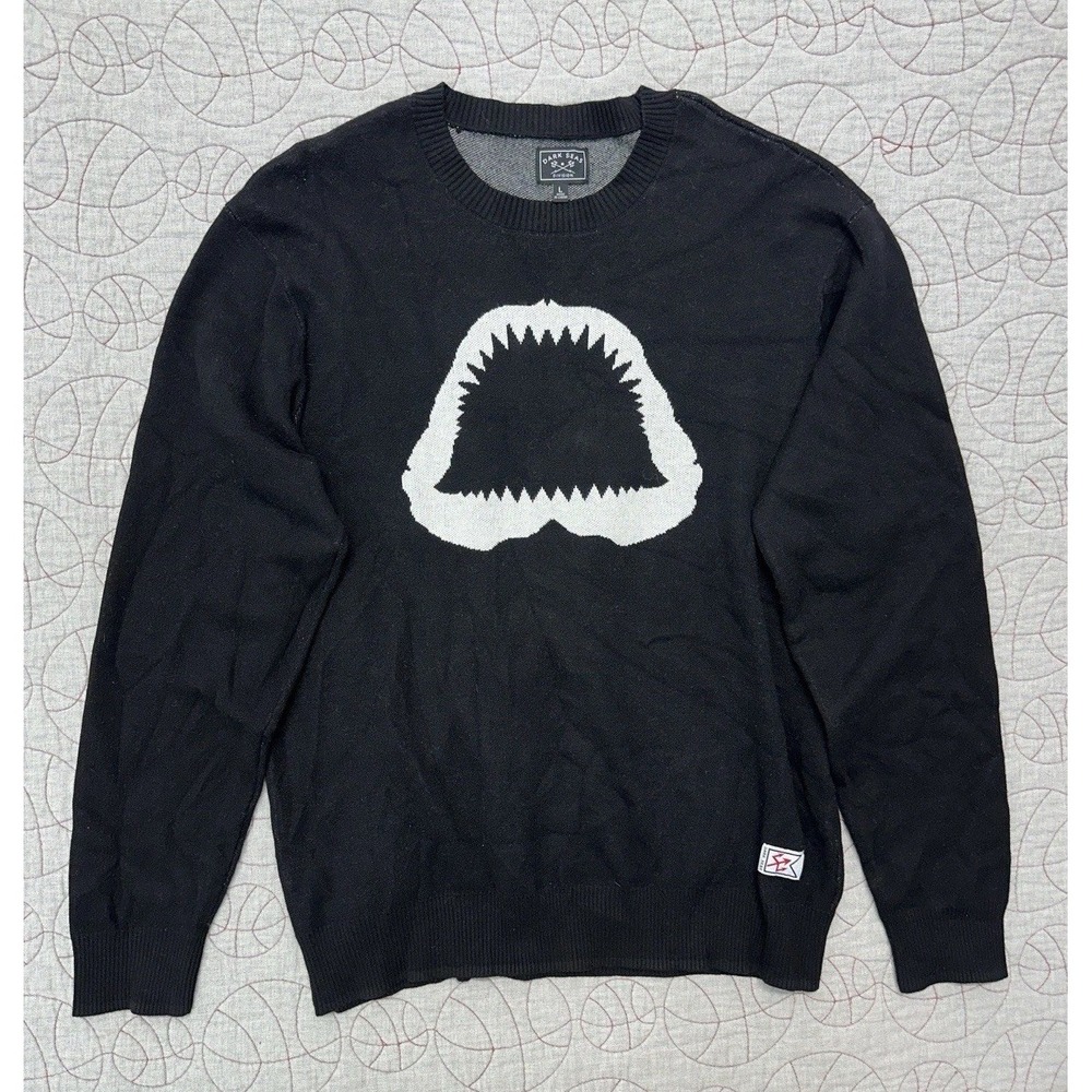 Dark Seas Division Black White Knit Crew Sweater Shark Mouth / Men’s Large